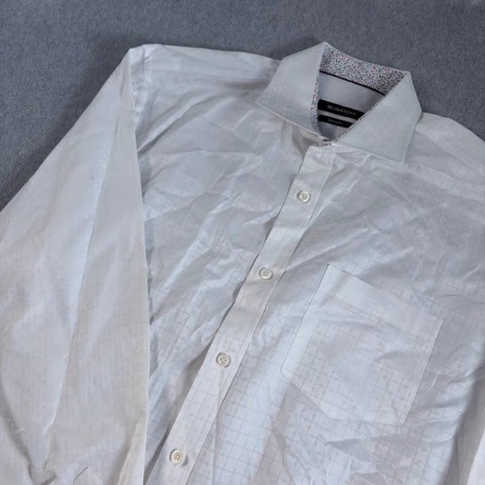 Bugatchi Button Up Shirt Mens XL White Geometric Jacquard Classic Fit LS